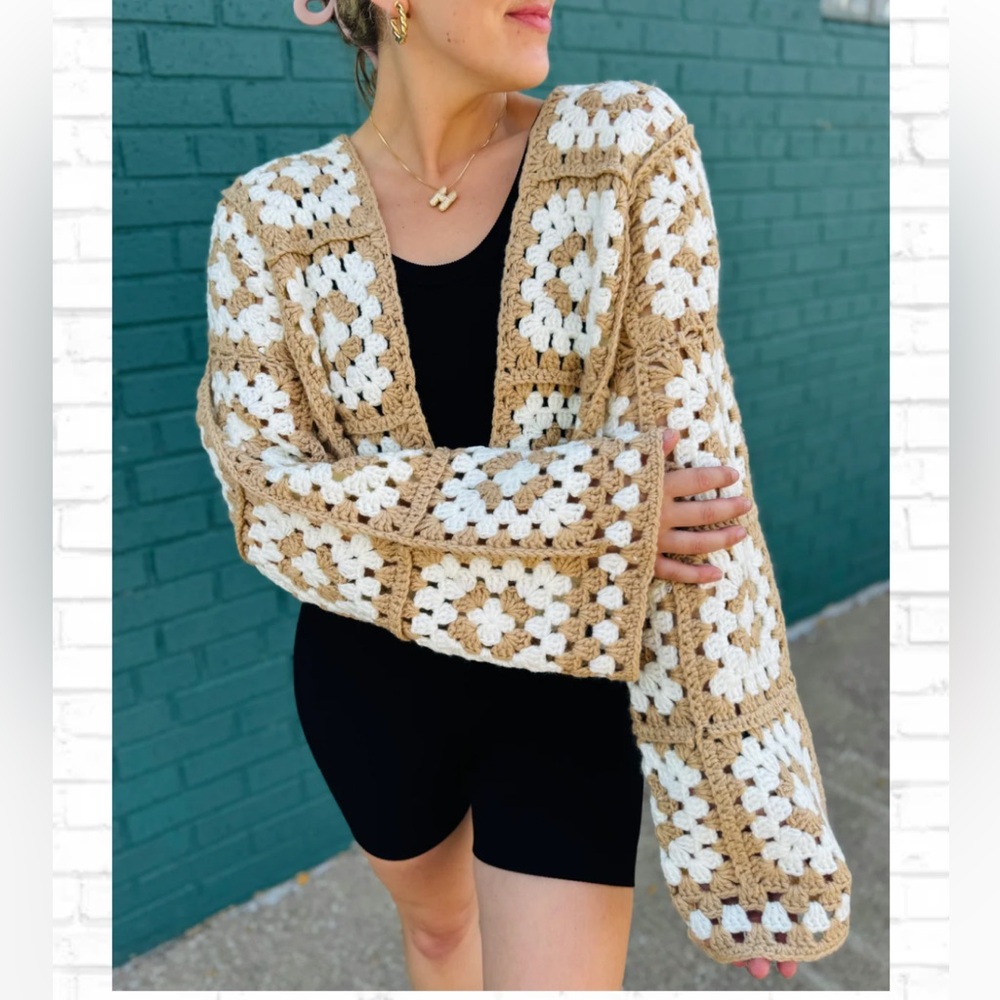 Elan Crochet Granny Square Cardigan in Cream and Tan